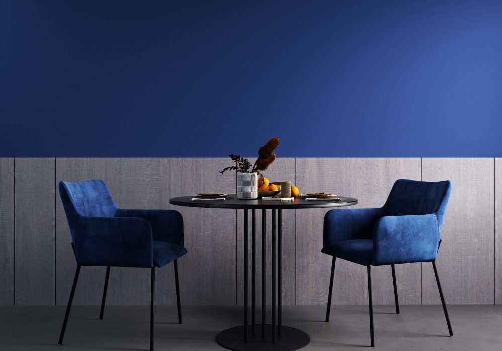 Interior design of modern dining room, black table and blue chairs 3d rendering